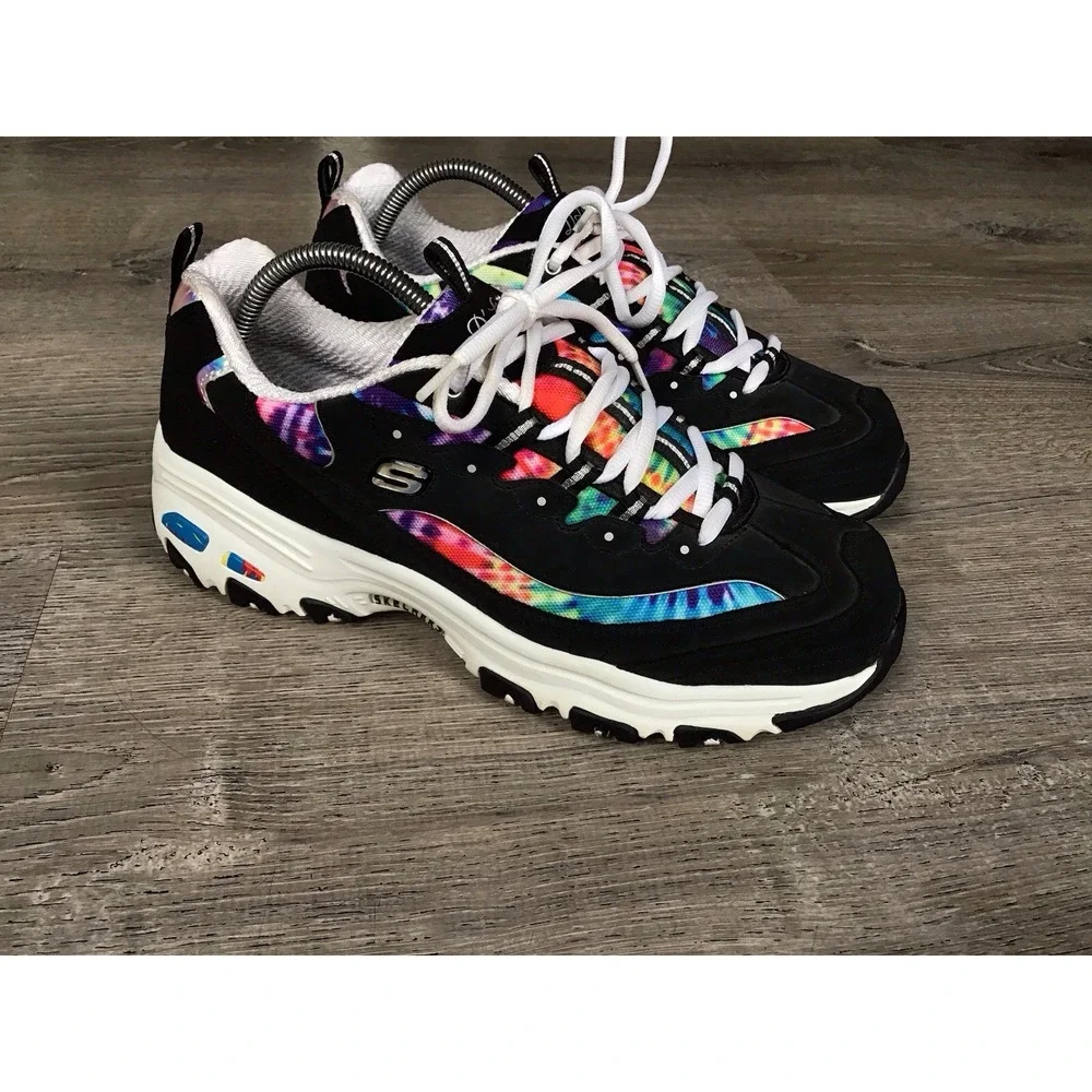 Skechers D'Lites Shoes Womens Size 11 Black Multi Tie-Dye Memory Foam SN 149015